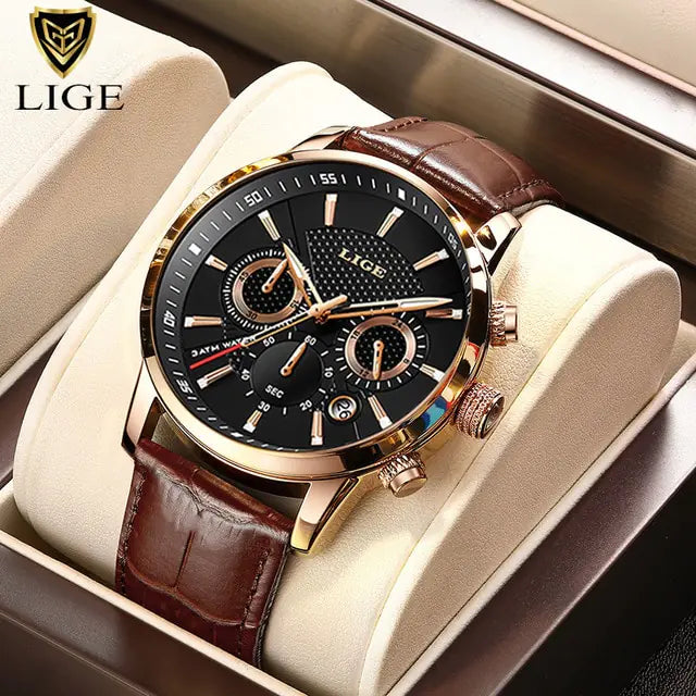 New Mens Watches LIGE Top Brand Luxury Leather Casual Quartz