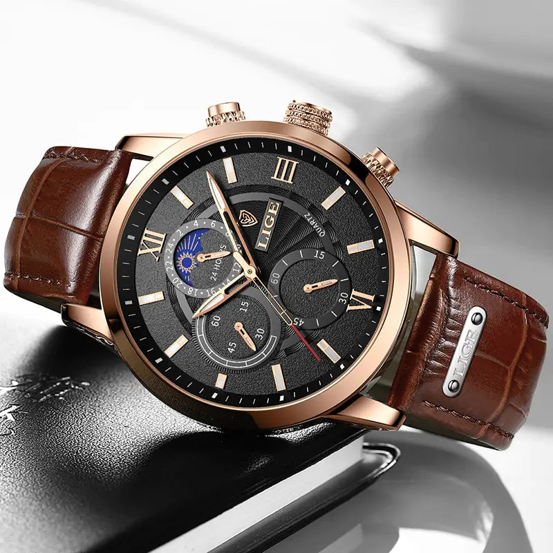 New Mens Watches LIGE Top Brand Luxury Leather Casual Quartz